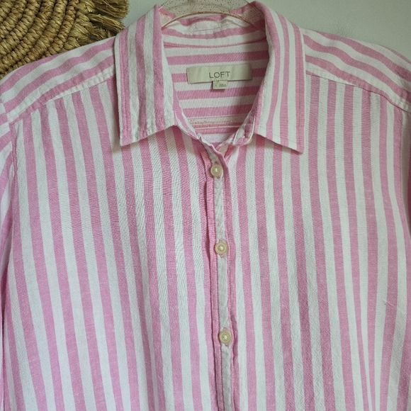 LOFT, Pink Striped Linen Blend Button Down Tie Front Everyday Shirt SZ Large - Picture 5 of 14